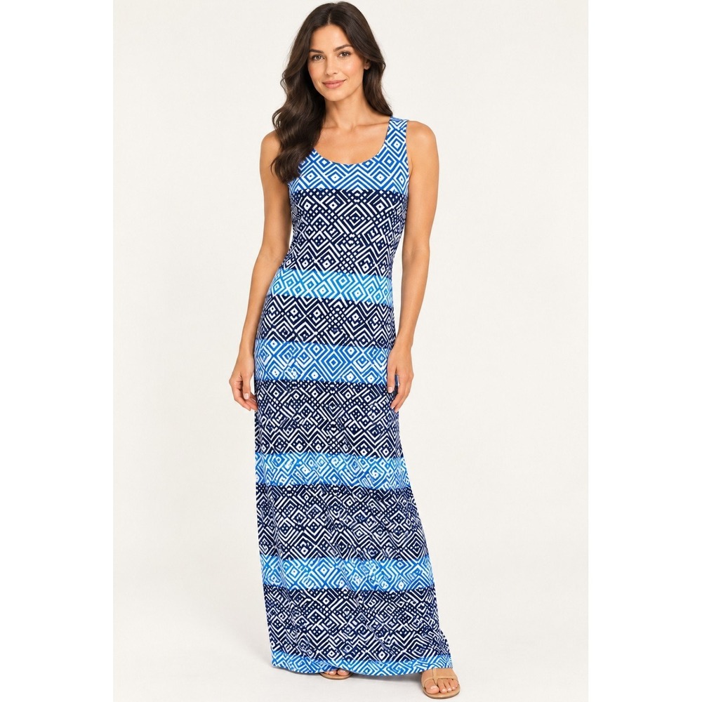 Tommy Bahama Maxi Dress Womens Medium Blue Geometric Sleeveless Excellent Resort